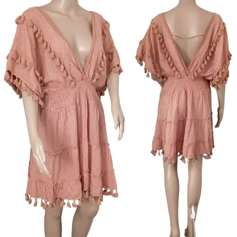 Z&L Europe Blush Pink Plunge Neck Tassel Mini Dress Cover Up Size L